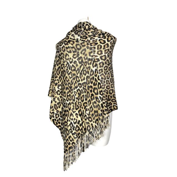 Chico's Cozy animal  leopard print fringe cowl neck poncho OS - Picture 4 of 5